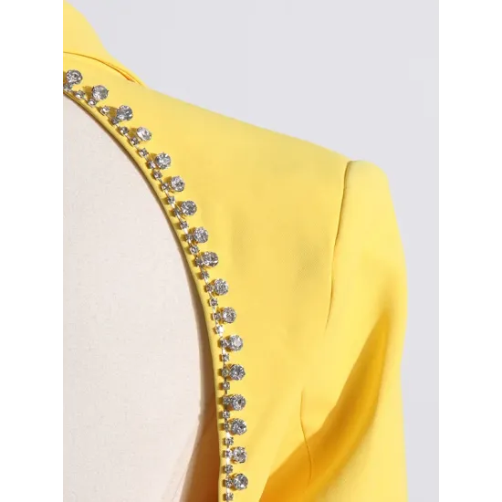 Backless Buttoned Hollow Rhine Stones Solid Color Long Sleeves Deep V-Neck Blazer Backless Buttoned Hollow Rhine Stones Solid Color Long Sleeves Deep V-Neck Blazer