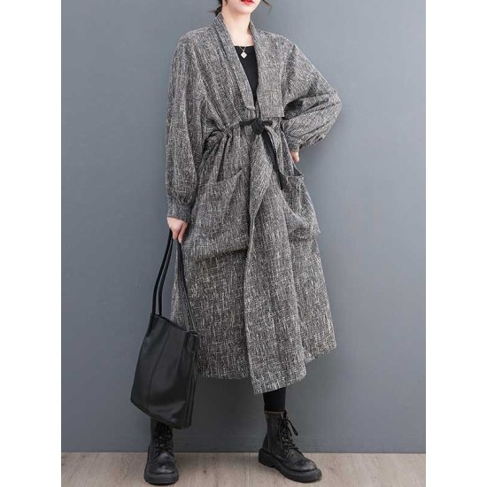 Drawstring Pockets Long Sleeves Loose Lapel Trench Coats Drawstring Pockets Long Sleeves Loose Lapel Trench Coats
