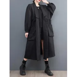 Drawstring Pockets Long Sleeves Loose Lapel Trench Coats