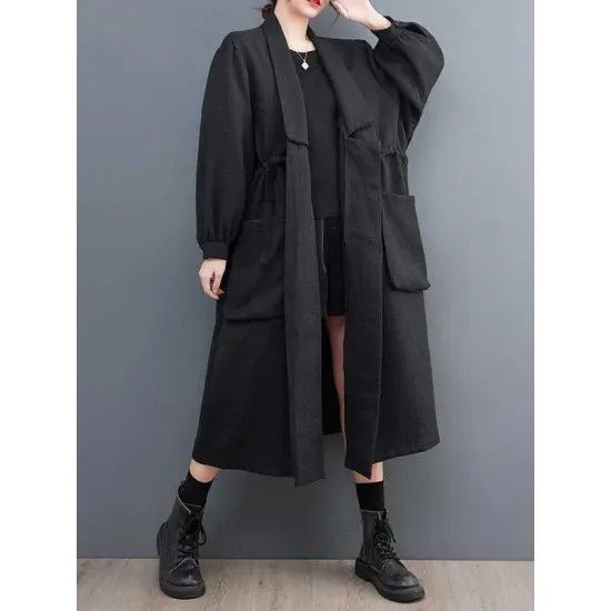 Drawstring Pockets Long Sleeves Loose Lapel Trench Coats Drawstring Pockets Long Sleeves Loose Lapel Trench Coats