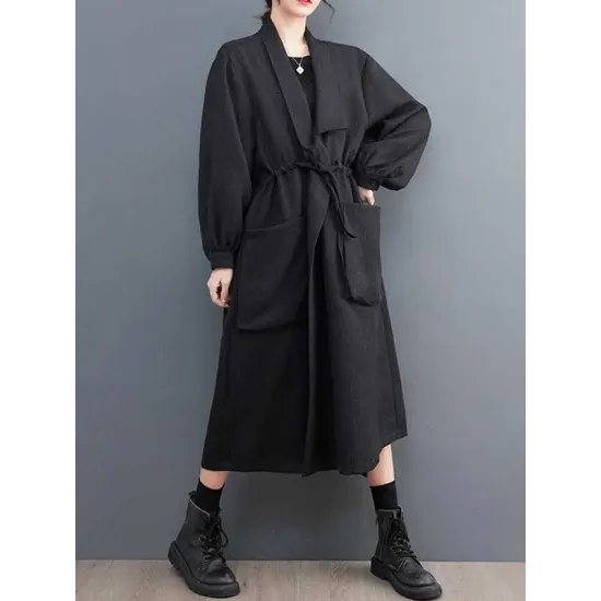 Drawstring Pockets Long Sleeves Loose Lapel Trench Coats Drawstring Pockets Long Sleeves Loose Lapel Trench Coats