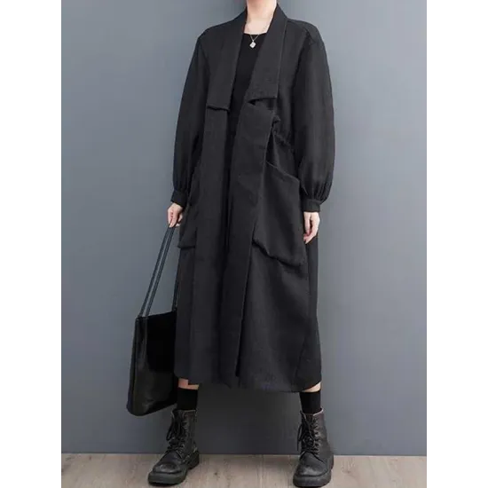 Drawstring Pockets Long Sleeves Loose Lapel Trench Coats Drawstring Pockets Long Sleeves Loose Lapel Trench Coats