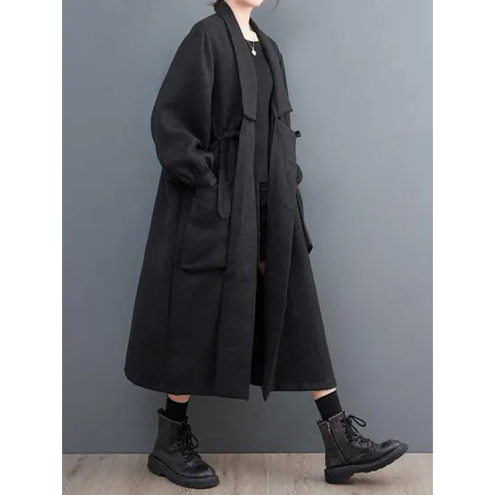 Drawstring Pockets Long Sleeves Loose Lapel Trench Coats Drawstring Pockets Long Sleeves Loose Lapel Trench Coats