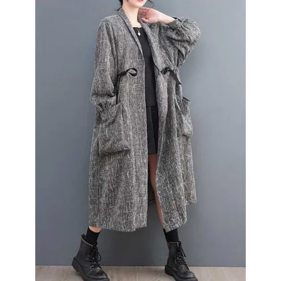 Drawstring Pockets Long Sleeves Loose Lapel Trench Coats Drawstring Pockets Long Sleeves Loose Lapel Trench Coats