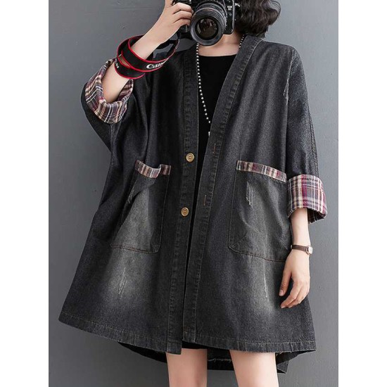 Buttoned Plaid Pockets Split-Joint Long Sleeves Loose V-Neck Denim Outerwear Buttoned Plaid Pockets Split-Joint Long Sleeves Loose V-Neck Denim Outerwear