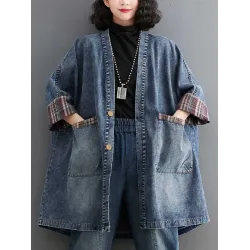 Buttoned Plaid Pockets Split-Joint Long Sleeves Loose V-Neck Denim Outerwear