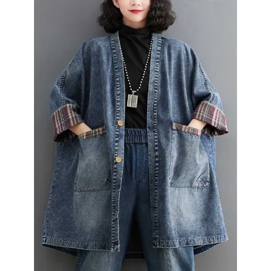 Buttoned Plaid Pockets Split-Joint Long Sleeves Loose V-Neck Denim Outerwear Buttoned Plaid Pockets Split-Joint Long Sleeves Loose V-Neck Denim Outerwear