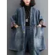 Buttoned Plaid Pockets Split-Joint Long Sleeves Loose V-Neck Denim Outerwear Buttoned Plaid Pockets Split-Joint Long Sleeves Loose V-Neck Denim Outerwear