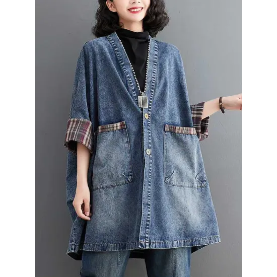 Buttoned Plaid Pockets Split-Joint Long Sleeves Loose V-Neck Denim Outerwear Buttoned Plaid Pockets Split-Joint Long Sleeves Loose V-Neck Denim Outerwear