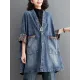 Buttoned Plaid Pockets Split-Joint Long Sleeves Loose V-Neck Denim Outerwear Buttoned Plaid Pockets Split-Joint Long Sleeves Loose V-Neck Denim Outerwear