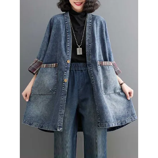 Buttoned Plaid Pockets Split-Joint Long Sleeves Loose V-Neck Denim Outerwear Buttoned Plaid Pockets Split-Joint Long Sleeves Loose V-Neck Denim Outerwear