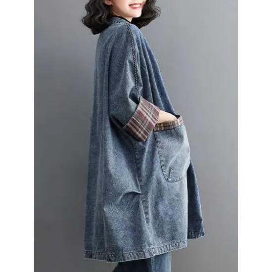 Buttoned Plaid Pockets Split-Joint Long Sleeves Loose V-Neck Denim Outerwear Buttoned Plaid Pockets Split-Joint Long Sleeves Loose V-Neck Denim Outerwear