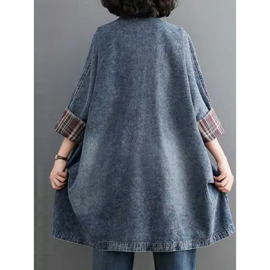 Buttoned Plaid Pockets Split-Joint Long Sleeves Loose V-Neck Denim Outerwear Buttoned Plaid Pockets Split-Joint Long Sleeves Loose V-Neck Denim Outerwear