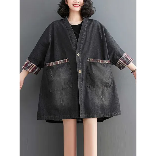 Buttoned Plaid Pockets Split-Joint Long Sleeves Loose V-Neck Denim Outerwear Buttoned Plaid Pockets Split-Joint Long Sleeves Loose V-Neck Denim Outerwear