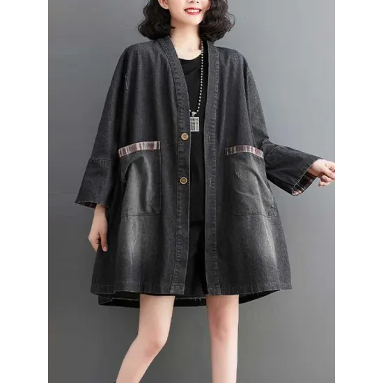 Buttoned Plaid Pockets Split-Joint Long Sleeves Loose V-Neck Denim Outerwear Buttoned Plaid Pockets Split-Joint Long Sleeves Loose V-Neck Denim Outerwear