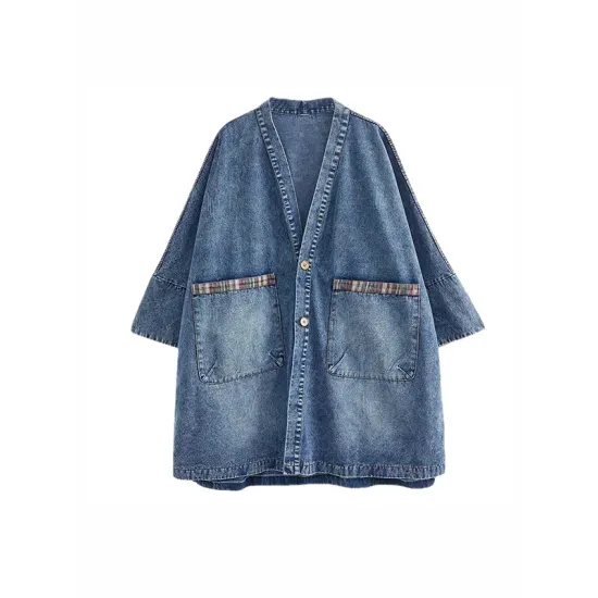 Buttoned Plaid Pockets Split-Joint Long Sleeves Loose V-Neck Denim Outerwear Buttoned Plaid Pockets Split-Joint Long Sleeves Loose V-Neck Denim Outerwear