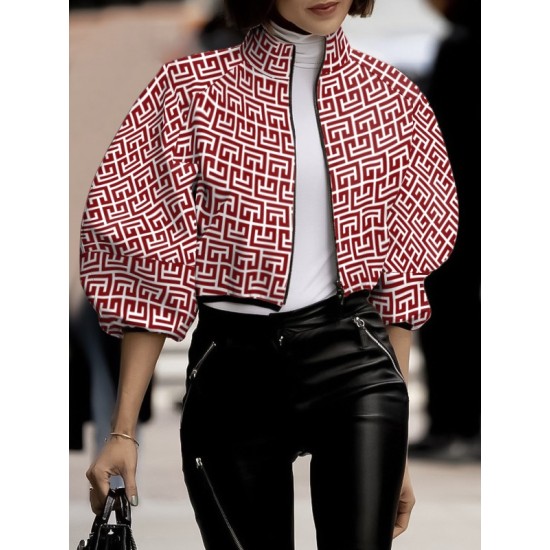 Loose Puff Sleeves Printed Stand Collar Outerwear Loose Puff Sleeves Printed Stand Collar Outerwear