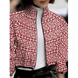 Loose Puff Sleeves Printed Stand Collar Outerwear