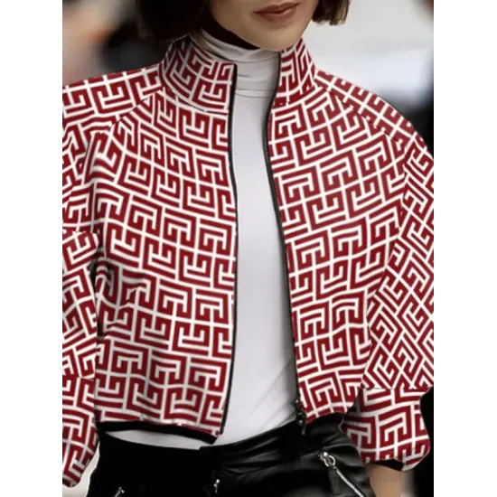 Loose Puff Sleeves Printed Stand Collar Outerwear Loose Puff Sleeves Printed Stand Collar Outerwear