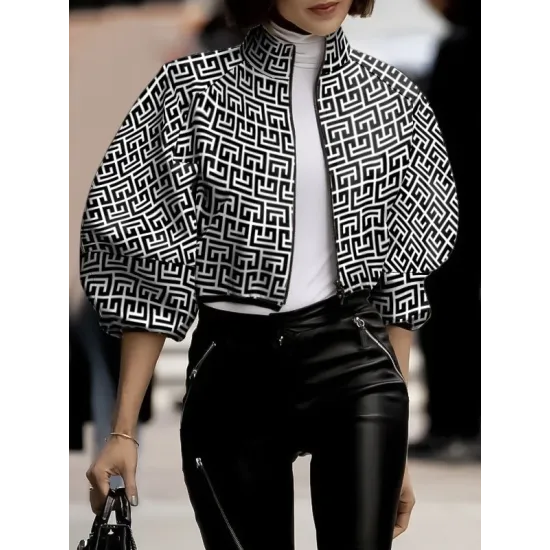 Loose Puff Sleeves Printed Stand Collar Outerwear Loose Puff Sleeves Printed Stand Collar Outerwear