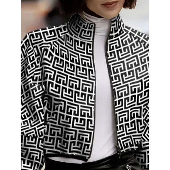 Loose Puff Sleeves Printed Stand Collar Outerwear Loose Puff Sleeves Printed Stand Collar Outerwear
