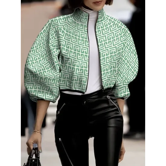 Loose Puff Sleeves Printed Stand Collar Outerwear Loose Puff Sleeves Printed Stand Collar Outerwear