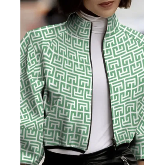 Loose Puff Sleeves Printed Stand Collar Outerwear Loose Puff Sleeves Printed Stand Collar Outerwear