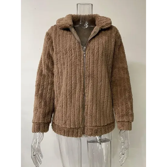Solid Color Velvet Zipper Long Sleeves Plus Size Lapel Outerwear Solid Color Velvet Zipper Long Sleeves Plus Size Lapel Outerwear