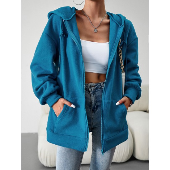 Drawstring Zipper Long Sleeves Loose Hooded Outerwear Jackets Drawstring Zipper Long Sleeves Loose Hooded Outerwear Jackets