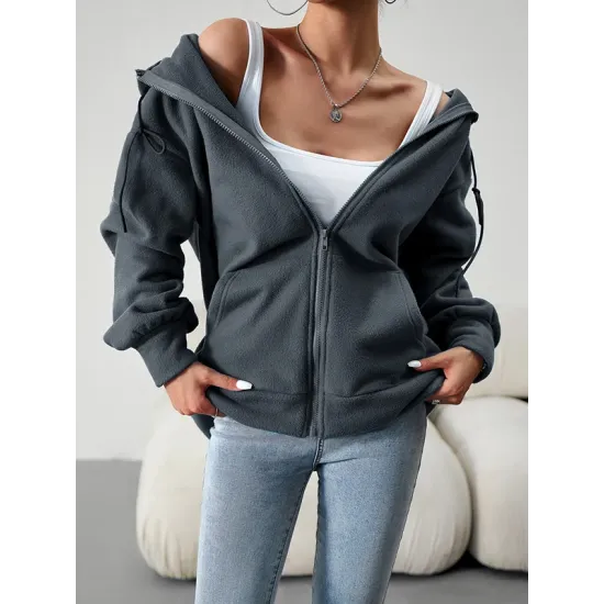 Drawstring Zipper Long Sleeves Loose Hooded Outerwear Jackets Drawstring Zipper Long Sleeves Loose Hooded Outerwear Jackets
