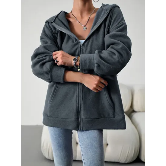 Drawstring Zipper Long Sleeves Loose Hooded Outerwear Jackets Drawstring Zipper Long Sleeves Loose Hooded Outerwear Jackets