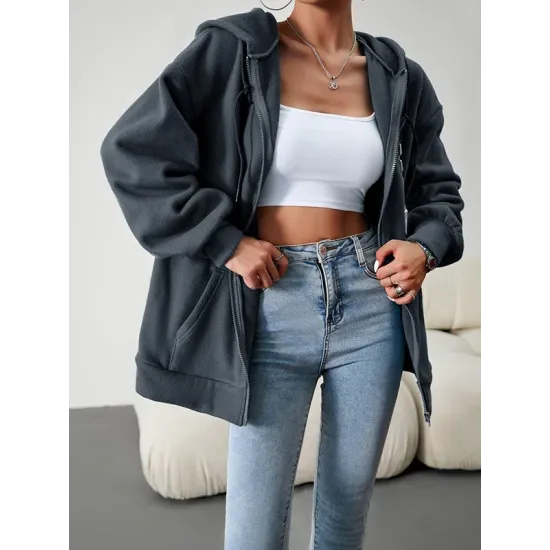 Drawstring Zipper Long Sleeves Loose Hooded Outerwear Jackets Drawstring Zipper Long Sleeves Loose Hooded Outerwear Jackets
