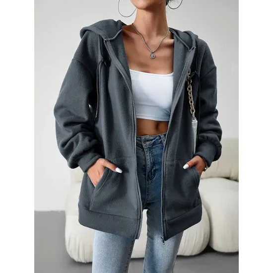 Drawstring Zipper Long Sleeves Loose Hooded Outerwear Jackets Drawstring Zipper Long Sleeves Loose Hooded Outerwear Jackets