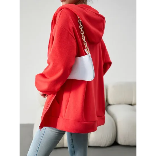 Drawstring Zipper Long Sleeves Loose Hooded Outerwear Jackets Drawstring Zipper Long Sleeves Loose Hooded Outerwear Jackets