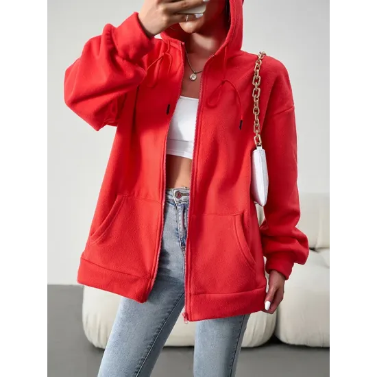 Drawstring Zipper Long Sleeves Loose Hooded Outerwear Jackets Drawstring Zipper Long Sleeves Loose Hooded Outerwear Jackets