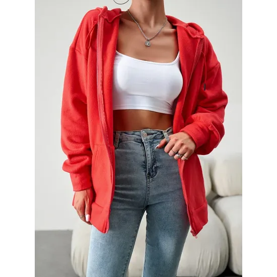 Drawstring Zipper Long Sleeves Loose Hooded Outerwear Jackets Drawstring Zipper Long Sleeves Loose Hooded Outerwear Jackets