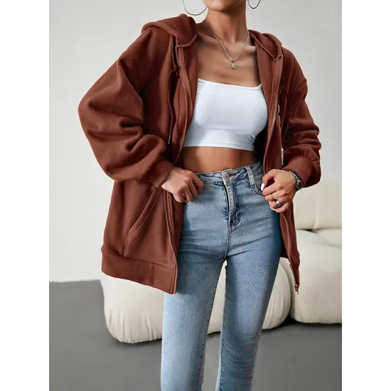 Drawstring Zipper Long Sleeves Loose Hooded Outerwear Jackets Drawstring Zipper Long Sleeves Loose Hooded Outerwear Jackets