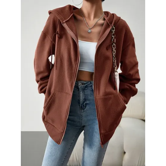 Drawstring Zipper Long Sleeves Loose Hooded Outerwear Jackets Drawstring Zipper Long Sleeves Loose Hooded Outerwear Jackets