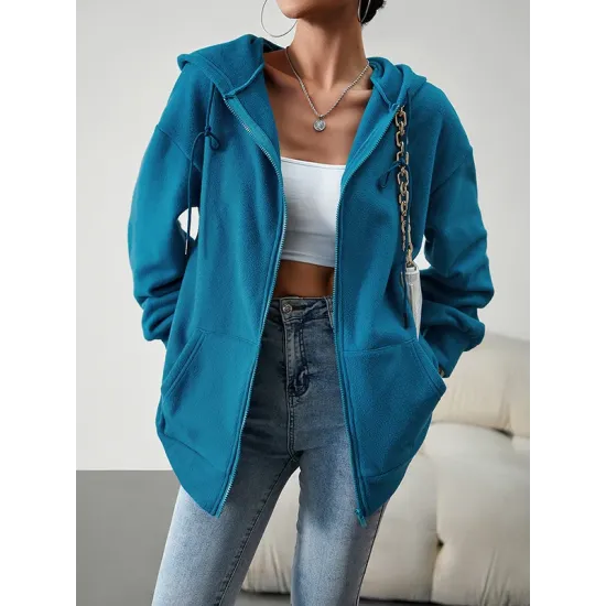 Drawstring Zipper Long Sleeves Loose Hooded Outerwear Jackets Drawstring Zipper Long Sleeves Loose Hooded Outerwear Jackets