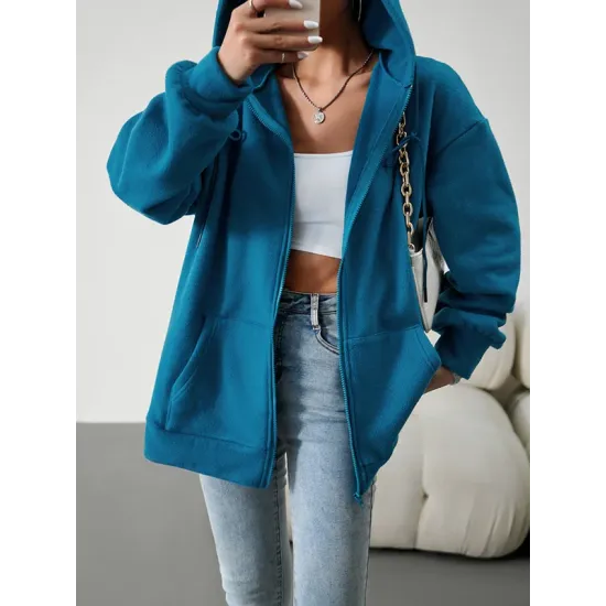 Drawstring Zipper Long Sleeves Loose Hooded Outerwear Jackets Drawstring Zipper Long Sleeves Loose Hooded Outerwear Jackets