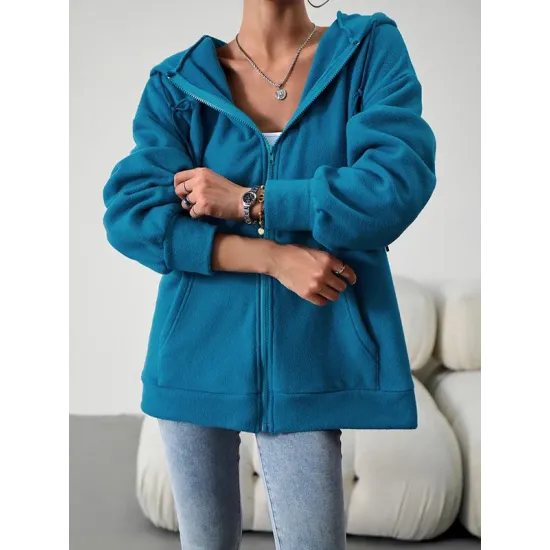 Drawstring Zipper Long Sleeves Loose Hooded Outerwear Jackets Drawstring Zipper Long Sleeves Loose Hooded Outerwear Jackets