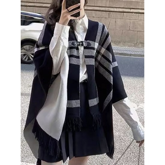 Contrast Color Plaid Split-Joint Long Sleeves Loose V-Neck Cape Contrast Color Plaid Split-Joint Long Sleeves Loose V-Neck Cape