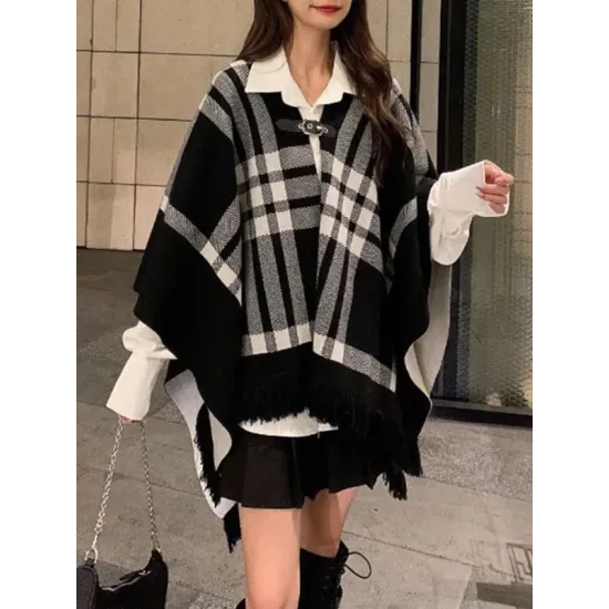 Contrast Color Plaid Split-Joint Long Sleeves Loose V-Neck Cape Contrast Color Plaid Split-Joint Long Sleeves Loose V-Neck Cape