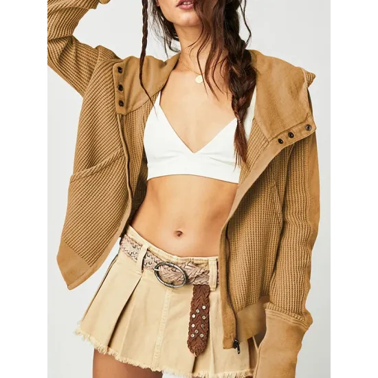 Zipper Long Sleeves Loose Hooded Outerwear Jackets Zipper Long Sleeves Loose Hooded Outerwear Jackets