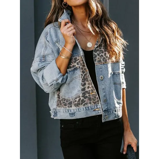Leopard Split-Joint Long Sleeves Loose Lapel Outerwear Jackets Leopard Split-Joint Long Sleeves Loose Lapel Outerwear Jackets