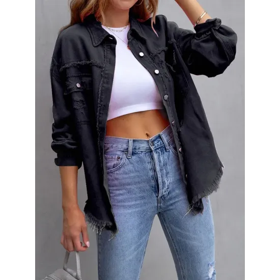 Fringed Pockets Long Sleeves Loose Lapel Outerwear Fringed Pockets Long Sleeves Loose Lapel Outerwear