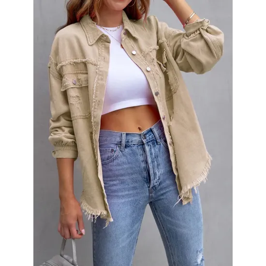 Fringed Pockets Long Sleeves Loose Lapel Outerwear Fringed Pockets Long Sleeves Loose Lapel Outerwear