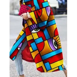 Long Sleeves Figure Printed Lapel Woolen Coat