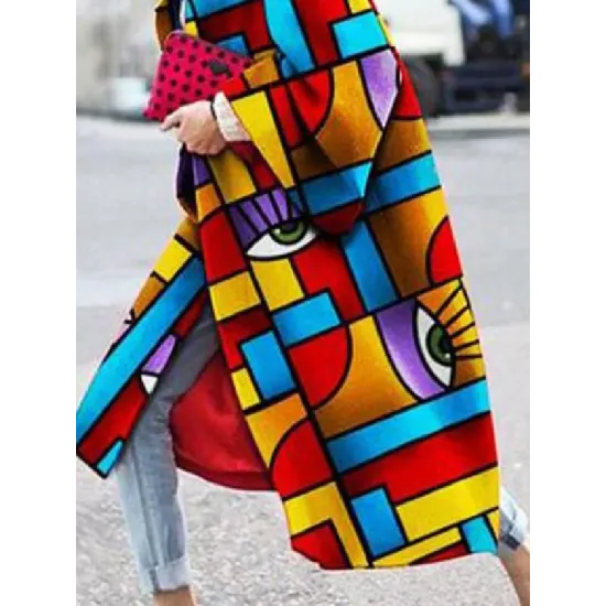 Long Sleeves Figure Printed Lapel Woolen Coat