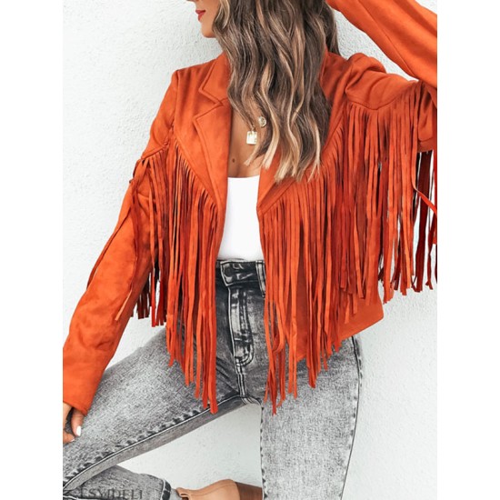 Solid Color Split-Joint Tasseled Long Sleeves Notched Collar Jackets Solid Color Split-Joint Tasseled Long Sleeves Notched Collar Jackets